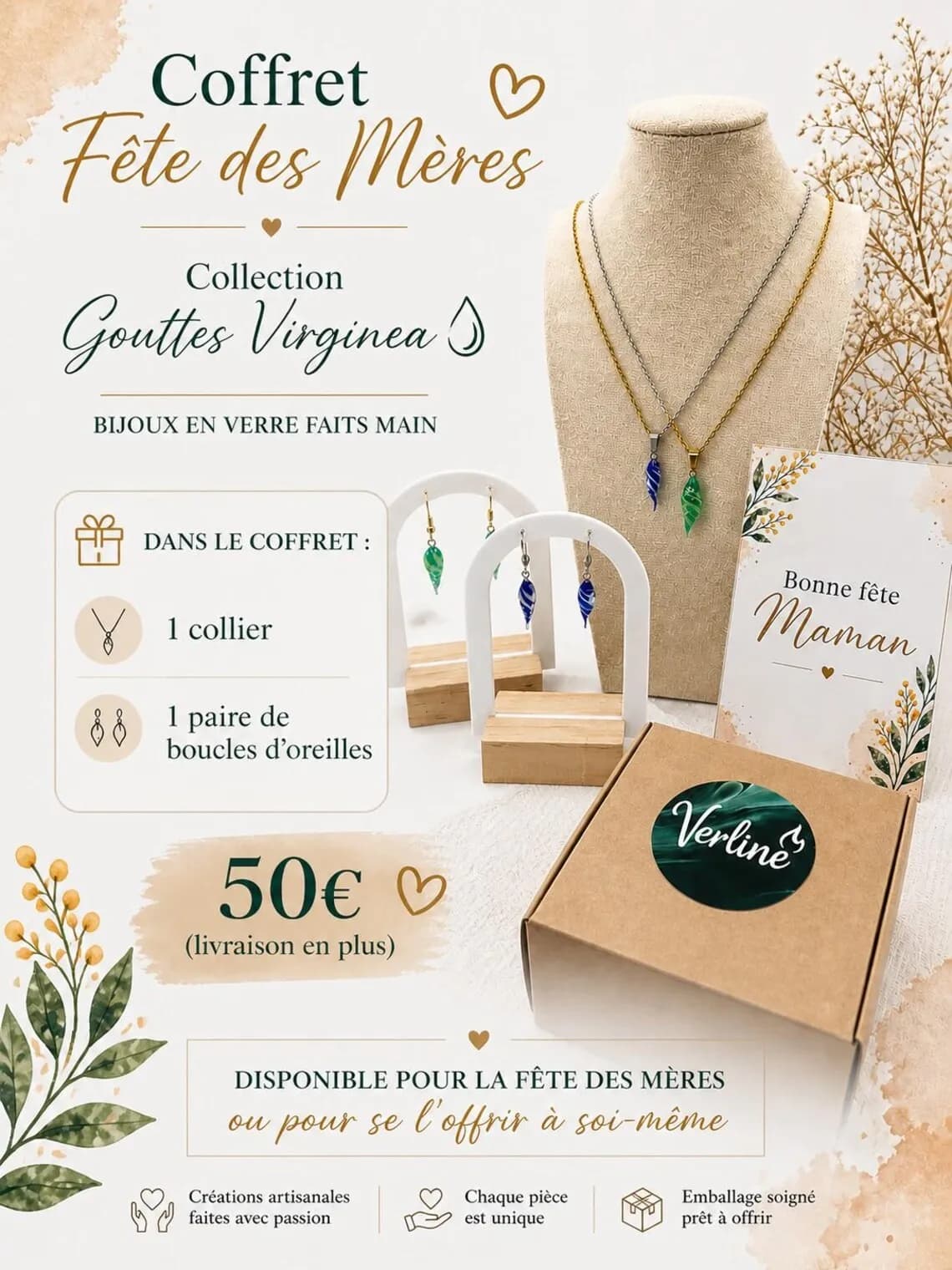 Présentation du coffret avec boîte en carton, carte Bonne fête Maman et parure de bijoux en verre.